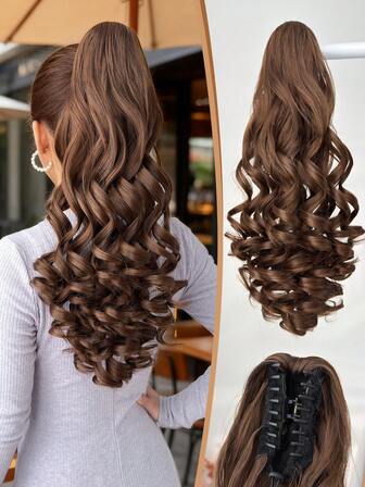 Claw Shaped Ponytail Extension Hair Accessory Brown 22 Inch Deep Wave Heat-Resistant Fiber Synthetic Ponytail Wig, Suitable For Women's Parties And Daily Use