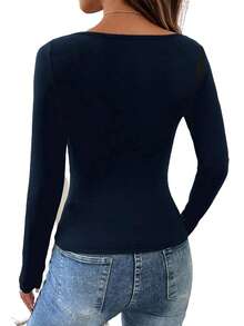 Women Ribbed Knit Tops Slim Fit Solid Color Scoop Neck Long Sleeve Fall Shirts For Daily Sports Office - Blue - View 6
