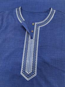Men's Vintage Moroccan Embroidered Short Sleeve Robe, Arabic Men's Robe With Side Pockets, Islamic Eid Robe For Men - Navy Blue - View 5