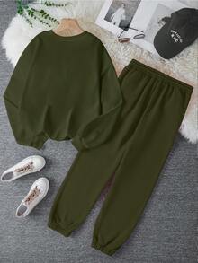Plus Size Hoodie Two Pieces Fashion Warm Plus Fleece Round Neck Sweatshirt + Sports Sweatpants Simple Letter Print Suitable For Autumn And Winter Running Exercise Leisure Home Comfort Set - Olive Green - View 3
