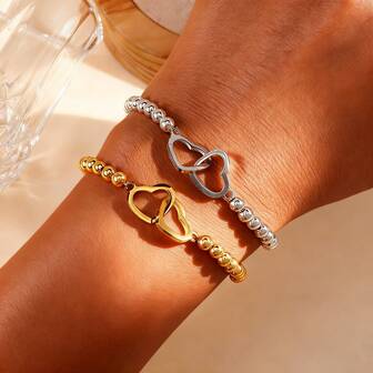 1件简约心形串珠手链，金/银情侣款，可调节金属手镯，情侣装必备配饰，优雅设计