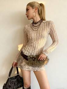 1pc Women's Coffee Color Retro Personalized Rabbit Fur PU Leather Warm Niche Waist Belt Fall, Autumn, Halloween - 咖啡 - 查看 4