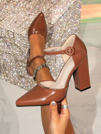 Women's Pointed Toe Solid Color Hollow Out Chunky Heel Black High Heels