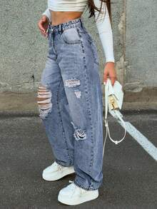 Jeans de mezclilla lavados desgastados de unicolor con bolsillos en ángulo para mujer