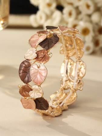 SophiaXuan 1件装女士时尚弹力手链锌合金珐琅叶子手链复古卡其色奢华优雅弹力手链高品质派对节日情人节母亲节礼物