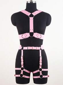 1 Set Pink Women PU Leather Thigh Garter Leg Harness Chest Gothic Stocking Belt Clothing Accessories - A - View 5