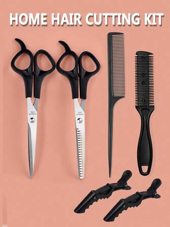 6-Piece Professional Hair Styling Kit For Men & Women: Hair Cutting Scissors, Thinning Shears, Brushes & Comb For Home & Travel