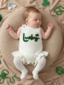 Mono de punto para niña pequeña, sin mangas, con cuello cuadrado, letras y bordado de trébol, con ribete de volantes - Blanco - Ver 5