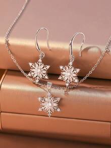 3 件套铜方晶锆石雪花项链和耳环首饰套装，休闲欧美风格圣诞礼物 - 銀色 - 查看 15