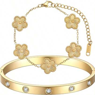 2件套女士可叠戴金手镯首饰套装，14K镀金花卉图案，镶嵌防褪色立方氧化锆，奢华礼品