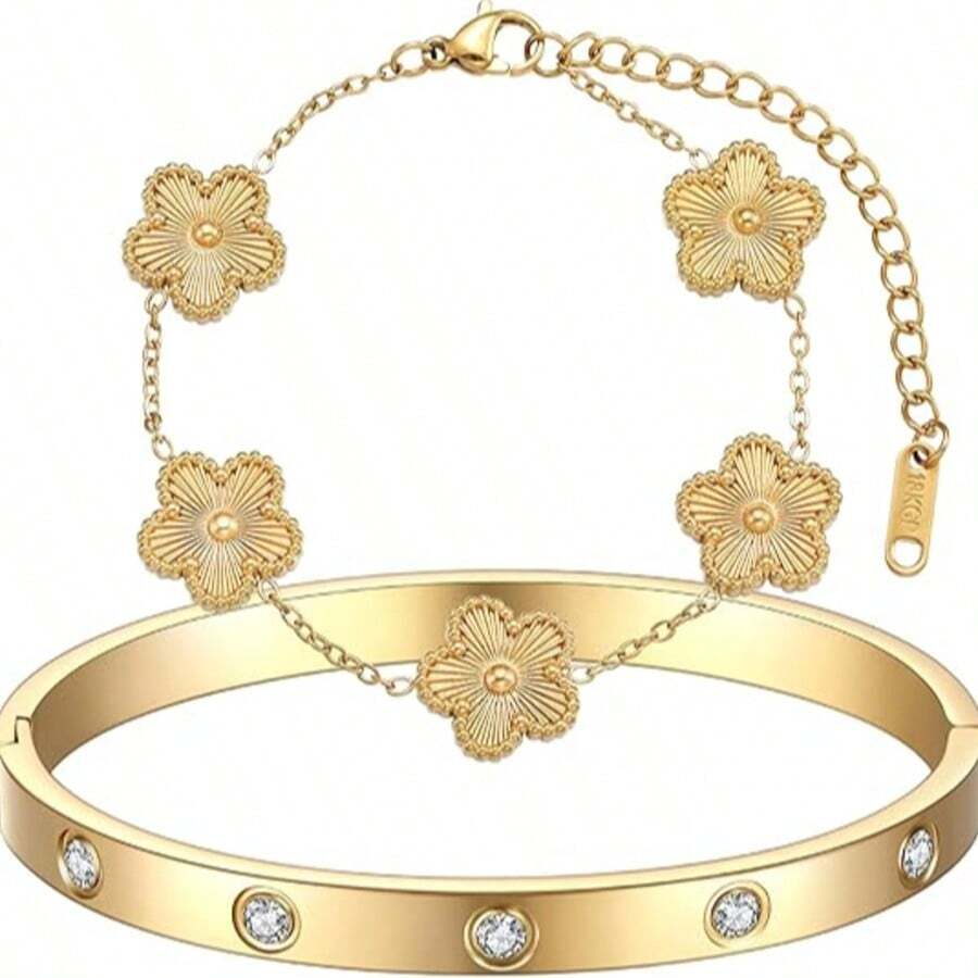 2件套女士可叠戴金手镯首饰套装，14K镀金花卉图案，镶嵌防褪色立方氧化锆，奢华礼品 - 五葉草套裝 - 查看 1
