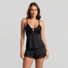 Comfortable Baby Doll With Lace Detail, Microfiber Straps, And Short Doll Style - 黑色 - 查看 1