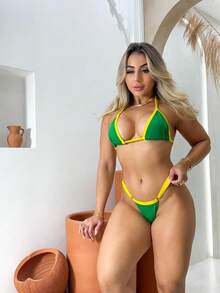 Brazilian Bikini With Tan Lines, Elegant Beachwear, Knot Detail, Backless, Contrasting Waistband, Beachwear, And Vacation Design. - màu xanh lá - Xem 1