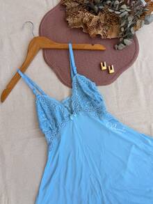 Sexy Lace Nightgown With Backless Detail, Ruffled Train, Slit, No Padding, Sleep Dress, Lingerie, Nightwear Line - Baby Blue - View 5