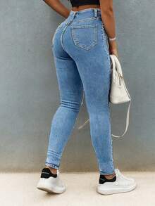 Calça jeans skinny feminina de cintura alta - adornada com miçangas, modelagem versátil para um look casual de primavera. - Azul - Ver 2
