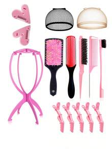 假发护理工具套装，包括假发固定器、5件套梳子、假发帽、鳄鱼夹、头发修复工具等，用于日常假发护理、头发护理等。