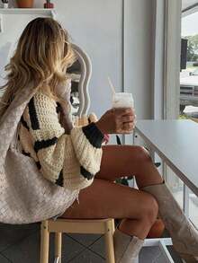 Colorblock Striped Loose Casual Pullover Sweater Top, Versatile - Black and White - View 3