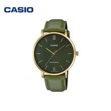 Casio 卡西欧男士腕表，46毫米表盘，苔绿色表盘，真皮表带，纤薄8.2毫米设计，不锈钢表壳，型号MTP-VT01GL-3B - 均碼 - 查看 1