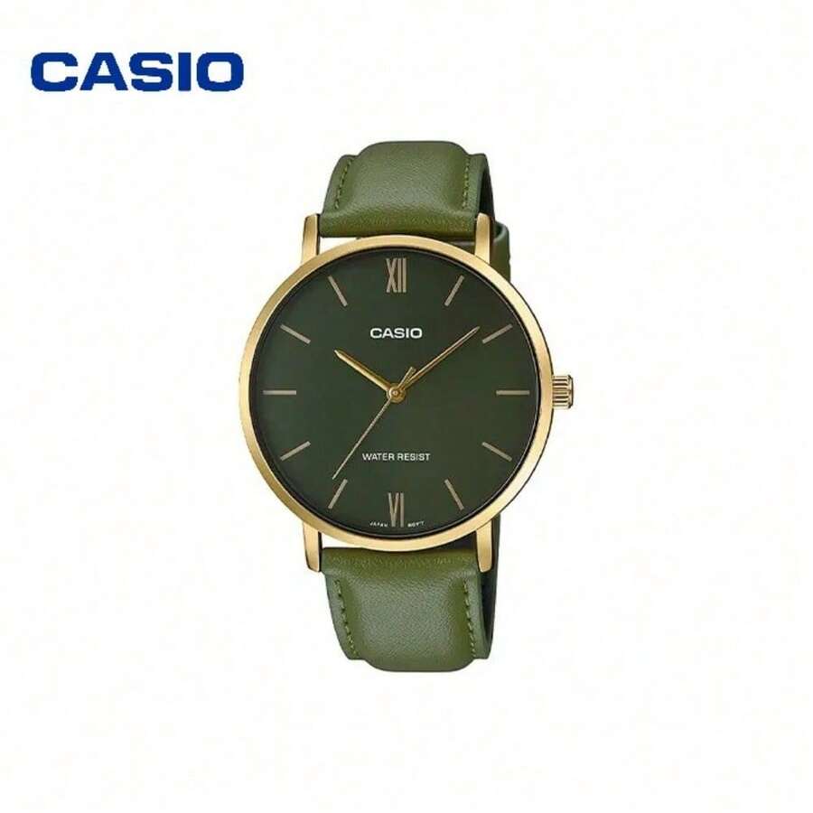 Casio 卡西欧男士腕表，46毫米表盘，苔绿色表盘，真皮表带，纤薄8.2毫米设计，不锈钢表壳，型号MTP-VT01GL-3B - 均碼 - 查看 1