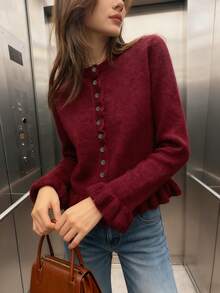 2025 New Elegant Women Round Neck Ruffle Layered Pleated Knit Sweater, Versatile Casual, Autumn/Winter, Solid Gray