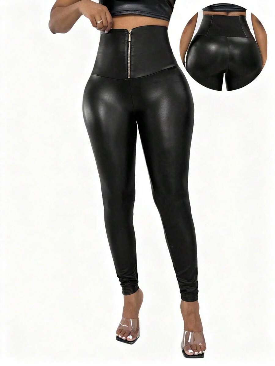 Blazique Quần legging PU trơn màu thời trang thu đông cho nữ - màu đen - Xem 1