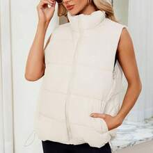- Chaleco acolchado para mujer, chaleco de chamarra hinchado, de gran tamao, recortado, sin mangas, con cierre, acolchado, chamarra, chaleco de invierno, color beige, talla S, Beige, - inicial - Ver 4