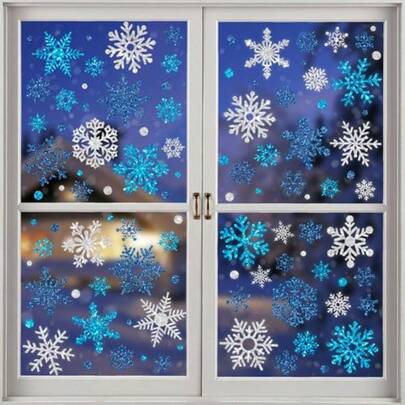 XZGB 9 Sheets Glitter Snowflake Window Clings Christmas Window Decals Blue Silver Snowflake Windows Stickers Double-Sided Winter Windows Clings For Xmas Winter Holiday Wonderland Party Home Glass Decor