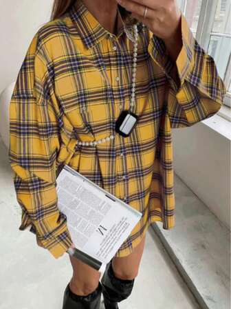 Women's Loose Casual Bright Yellow Plaid Shirt