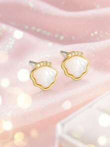 1pair Sweet And Elegant Gold Copper Set Zirconia Shell Earrings Ear Studies Children's Jewelry Accessories Party Party Daily Travel Dress Up - Gold - View 3