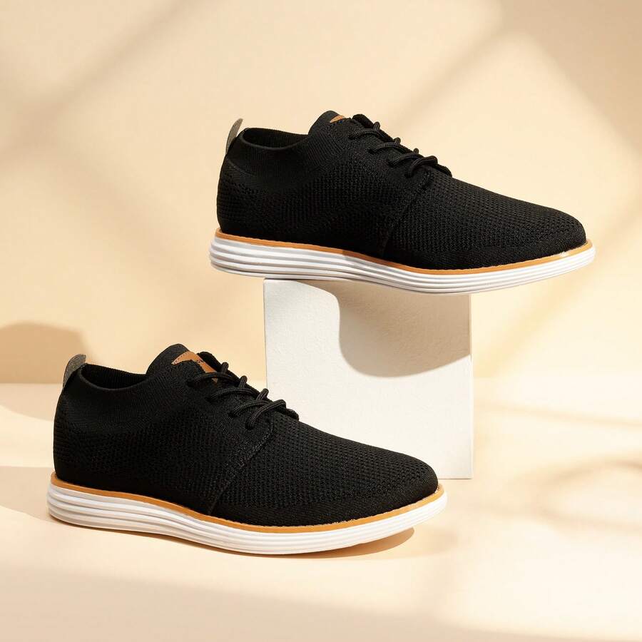 Men's KnitFlex Breeze Mesh Sneakers Oxfords Lace-Up Lightweight Casual Walking Shoes - 黑色 - 查看 1