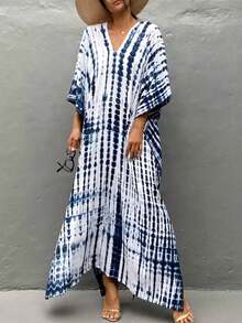 Fashionable Digital Print V-Neck Casual Dress For Women - Blue - View 3