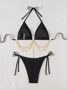 Women's Metal Chain Decor Sexy Beach Swimsuit Set - Black - View 5