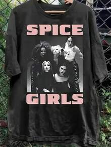 1pc Women's Spice Officially Inspired T-Shirt - 90s Band Member Photos (Melanie, Mel C, Emma, Geri, Spice) Iconic Logo Print, Durable Casual Round Neck Tee For Music Fans, Birthday & Christmas Gift, Nostalgic 90 - 黑色 - 查看 1