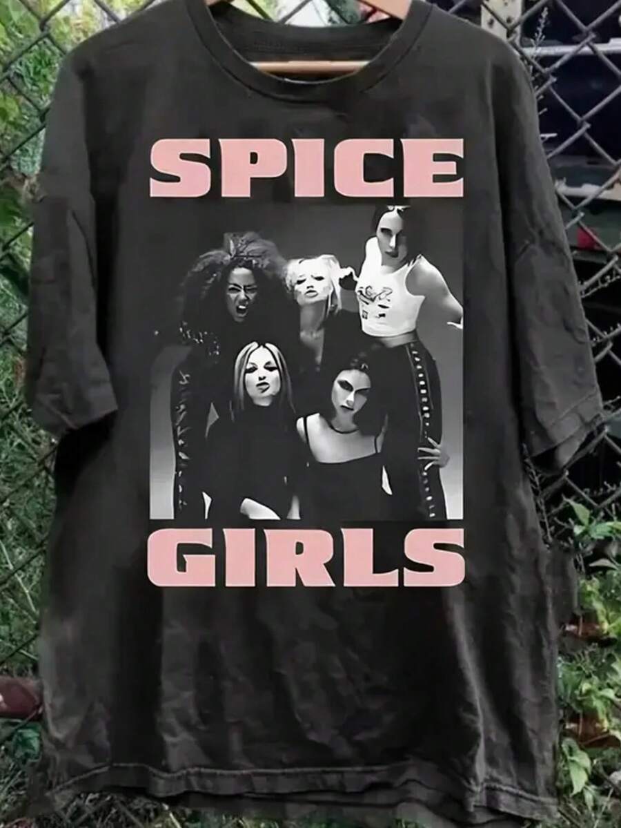 1pc Women's Spice Officially Inspired T-Shirt - 90s Band Member Photos (Melanie, Mel C, Emma, Geri, Spice) Iconic Logo Print, Durable Casual Round Neck Tee For Music Fans, Birthday & Christmas Gift, Nostalgic 90 - 黑色 - 查看 1