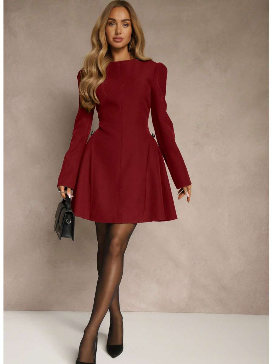 Metal Applique Decor Flared Dress - Red - View 1