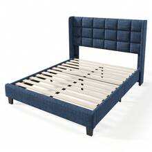 Upholstered Double Bed With Padded Headboard, 140x200cm, In Blue Linen, Medium Firmness (Mattress Not Included) - Blue - View 5