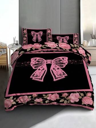 3 Piecesblack And Pink Contrast Sweet And Cool Bedding Set - Lace Bow + Rose Print - Retro Cool Girl Style Bedroom Personalized Bedding; Suitable For Teenagers And Adults, Providing All-Year-Round Warmth, Softness And Breathability. It Is Suitable For Giving As Gifts On Occasions Such As Housewarming, Birthday, Festivals, As Well As As Gifts Between Boyfriends And Girlfriends.