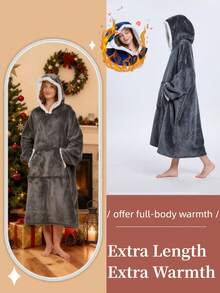 Oversized Long Wearable Blanket Hooded Home Dress - Ultra-Soft Thick Flannel Loungewear, Cozy Pockets, Machine Washable | Perfect Valentine's Day & Winter Gift For TV Time (Gray) - 灰色 - 查看 3
