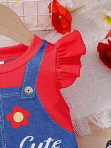 1pc Cute Bee & Floral Print Round Neck 2 In 1 Suspender Dress, Summer - Burgundy - View 6