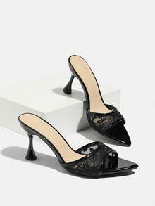 Jin Bei Qi Women's High Heel Shoes, Fashionable For Parties, Outdoor Events, Banquets, With Transparent Mesh, Printed Pattern, Soft Mirror-Like Material, Sexy Mule Design, Pointed Toe, Elegant Black Color, Suitable For Casual, Home, Outdoor, Travel, Runway - Black - View 5