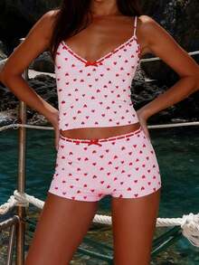 Women's Valentine's Day Heart  Bow Print Pajama Set - Spaghetti Strap Crop Top With Shorts - Flirty Sweet Loungewear - 降紅色 - 查看 4