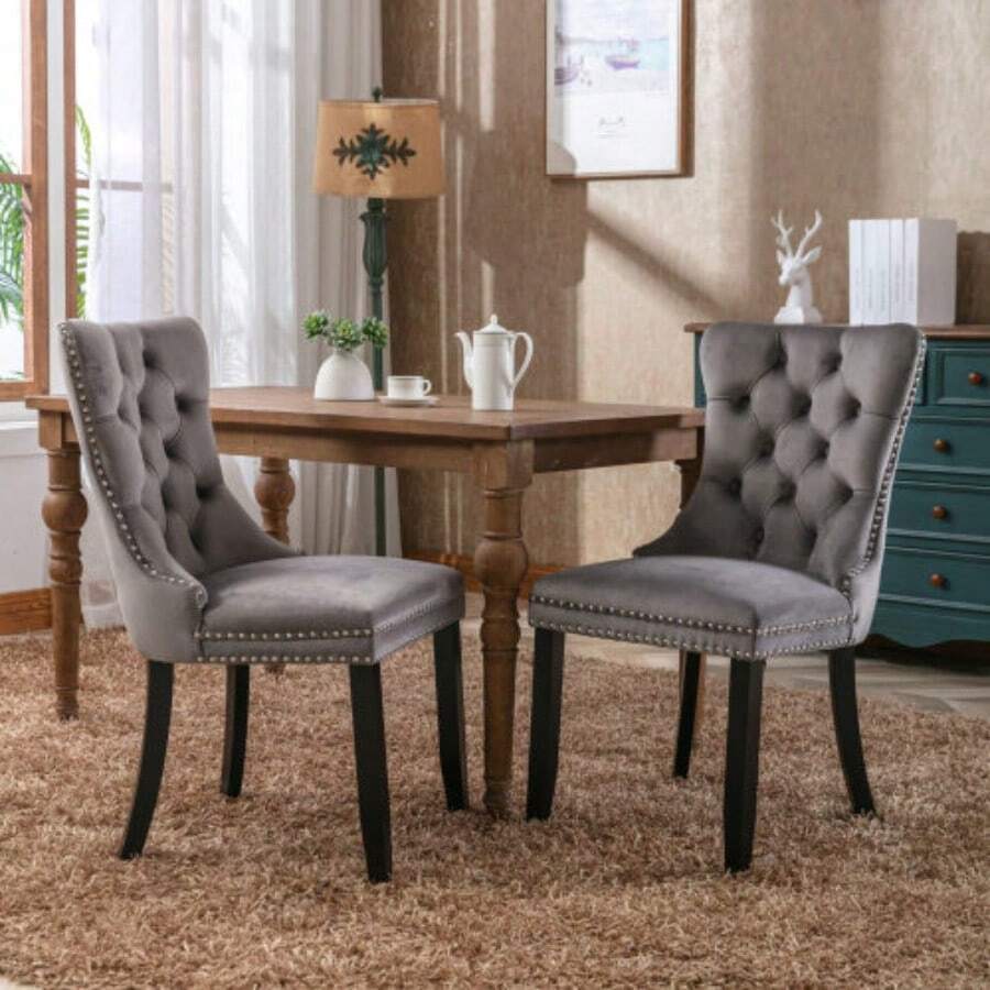 Dining Chairs - 灰色 + 天鵝絨 + 泡沫 - 查看 1