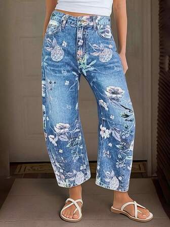 กางเกงยีนส์เดนิมผู้หญิง เอวกลาง ทรงแบ็กกี้ พิมพ์ลายดอกไม้ ปะติดปะต่อสไตล์เรโทร สีฟ้าอ่อน - ไอเทมที่ต้องมีสำหรับใส่เที่ยวทุกวัน, วันหยุด และกิจกรรมกลางแจ้ง