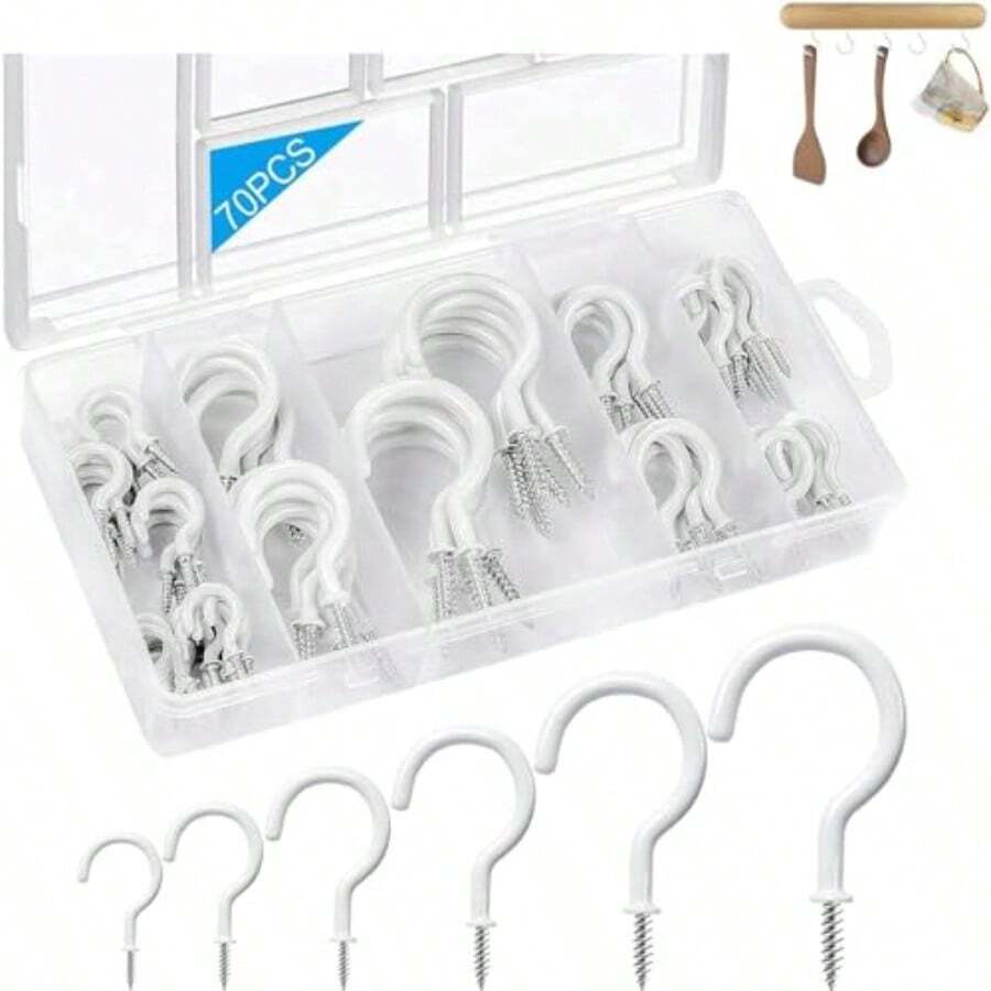 Ganchos de Techo para Colgar 6 Tamaños de Ganchos de Tornillo para Colgar Ganchos de Taza Revestidos de Vinilo Blanco Atornillables para Colgar Plantas Luces de Navidad Tazas Decoraciones - Blanco - Ver 1