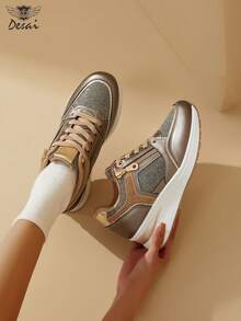 DESAI 1 Pair Women's Fashion Color Block Sports Shoes, Rhinestone Side Zipper Design Niche Running Shoes, Platform Wedge Heel Increase Height Party Casual Shoes, Shiny Women Sneakers - Bronze - View 8