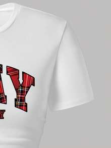 Tween Girl Cartoon Print Short Sleeve Top And Plaid Print Skirt - White - View 4