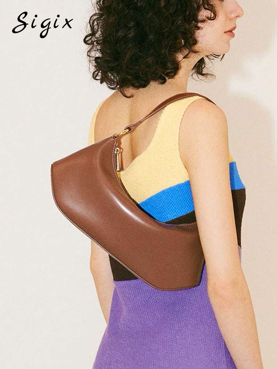 Casual Daily Baguette Bag, Minimalist Design Shoulder/Underarm Handbag For Women, Niche High-End Feel - Brown - View 1