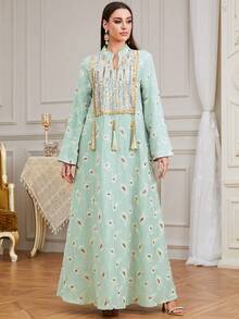 Vestido largo de jalabiya con bordado, tejido, flecos y aplicaciones de lentejuelas, nuevo para mujeres en Ramadán - Verde - Ver 1