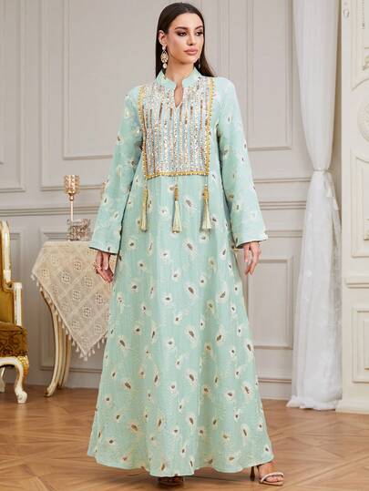 Vestido largo de jalabiya con bordado, tejido, flecos y aplicaciones de lentejuelas, nuevo para mujeres en Ramadán