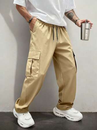 1pc Plus Size Men's Multi-Pocket Solid Color Cargo Pants, Casual Loose Fit Trousers For Spring/Autumn, Suitable For Beach, Vacation, Daily Commute, Workout, Outdoor, Hiking, Fitness, Jogging, Versatile And Fashionable